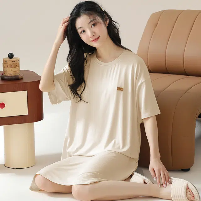 俏佳人 带胸垫垂感舒适柔软亲肤透气纯色休闲短袖慵懒家居服睡裙 女款
