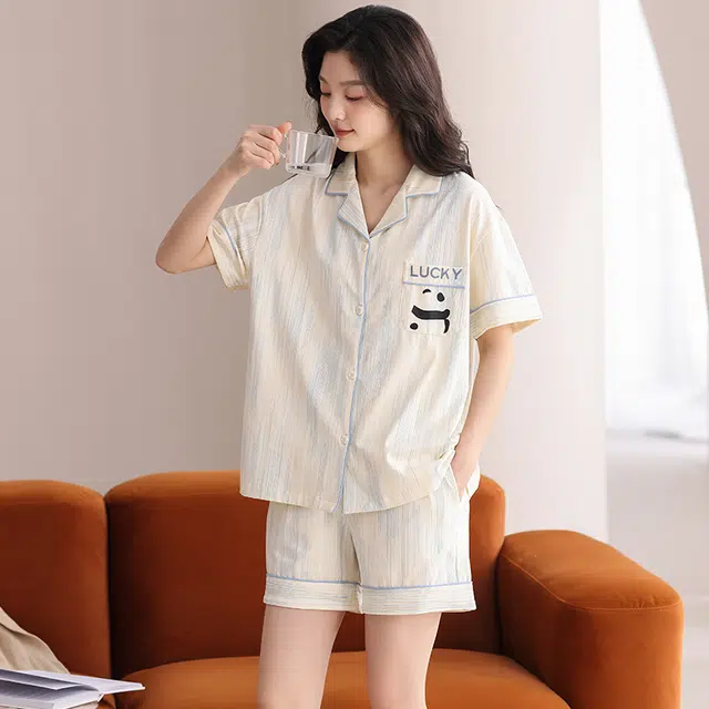 俏佳人 卡通条纹舒适透气休闲慵懒短袖家居服柔软亲肤睡衣套装 女款