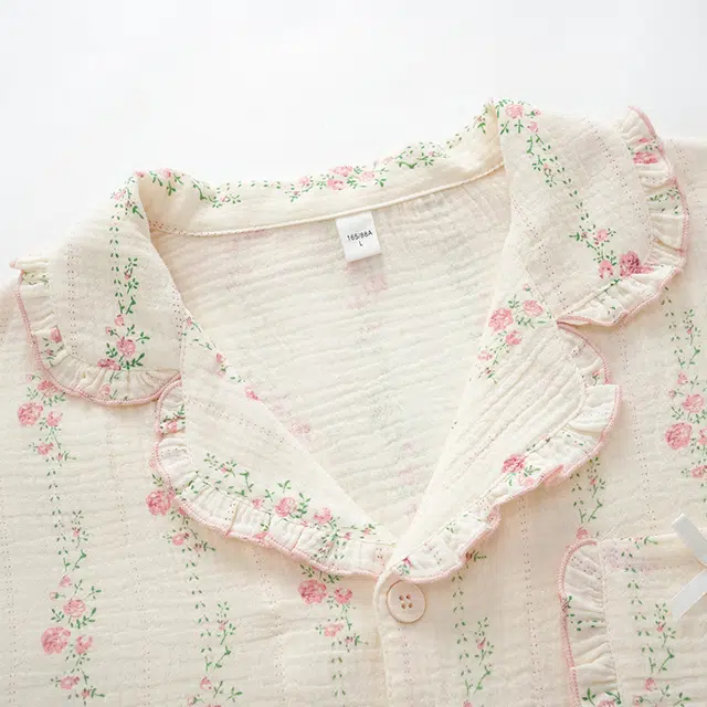 俏佳人 云朵棉系列 甜美开衫翻领花卉条纹舒适亲肤透气休闲宽松长袖长裤家居服睡衣套装 女款