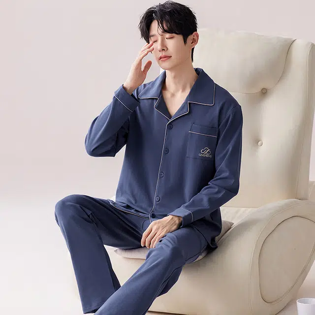 俏佳人 翻领开衫简约时尚纯色家居服舒适透气长袖长裤睡衣套装 男款 宝石蓝