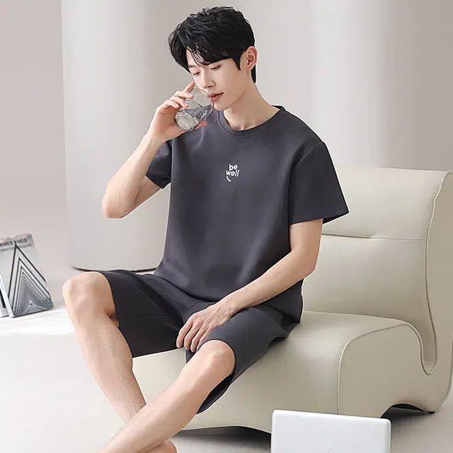 俏佳人 纯棉舒适透气基础纯色短袖家居服休闲慵懒睡衣套装 男款