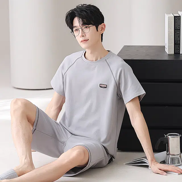 俏佳人 纯棉舒适透气基础慵懒短袖家居服纯色休闲睡衣套装 男款