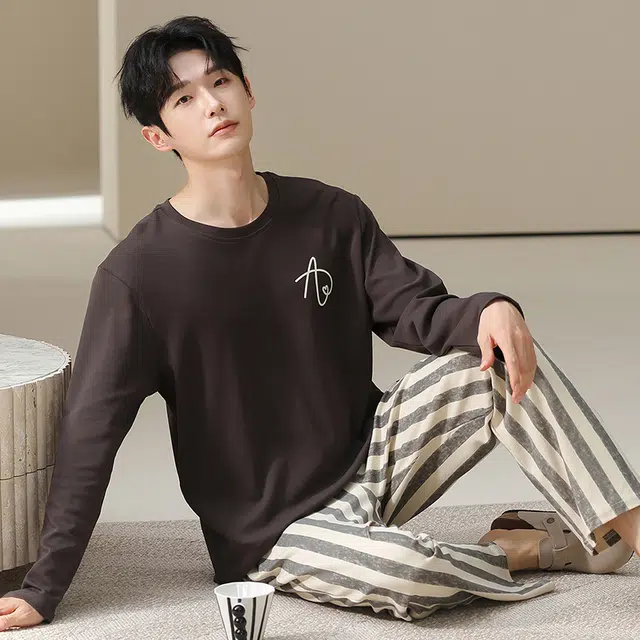 俏佳人 纯棉套头圆领休闲宽松可外穿家居服纯色复古条纹柔软亲肤舒适透气长袖长裤睡衣套装 男款