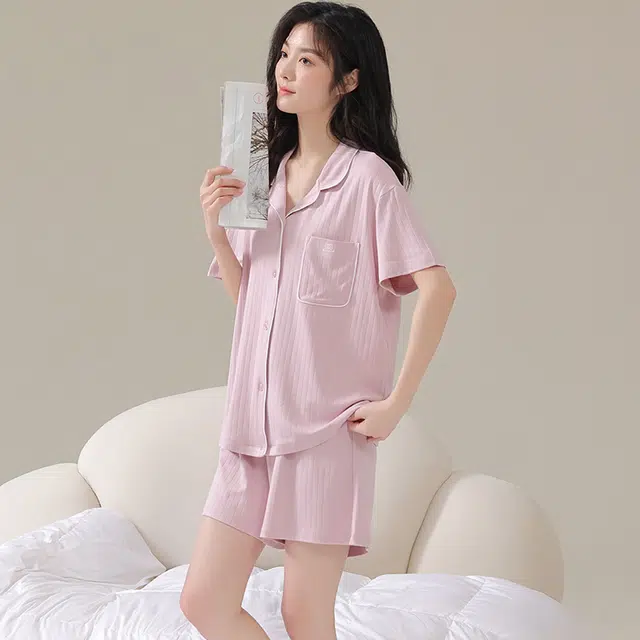 俏佳人 纯色基础柔软亲肤休闲开衫慵懒宽松短袖短裤家居服睡衣套装 女款