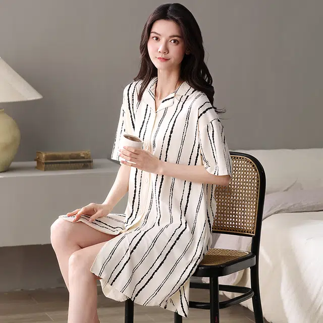 俏佳人 纯棉柔软亲肤透气基础慵懒翻领休闲短袖家居服睡裙 女款