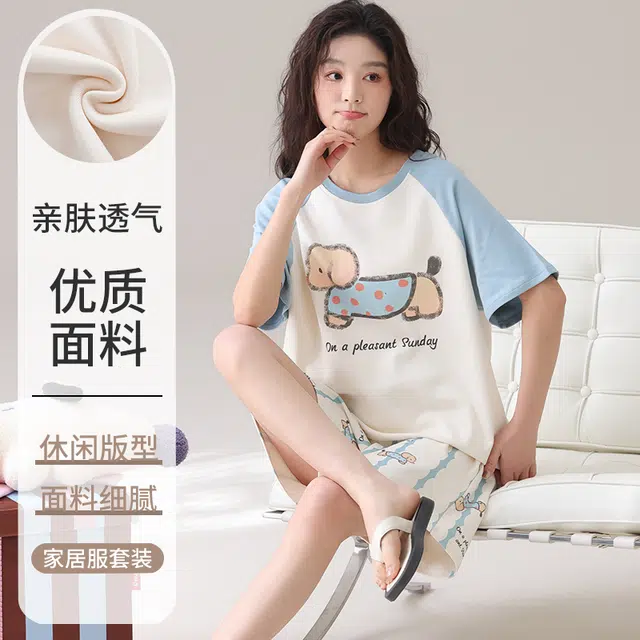 俏佳人 舒适透气休闲慵懒短袖纯棉套头家居服柔软亲肤睡衣套装 女款