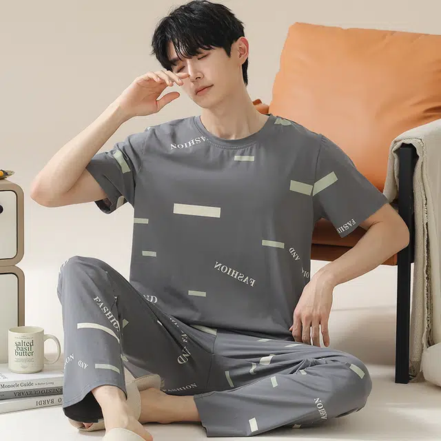 俏佳人 韩版柔软亲肤基础休闲短袖长裤慵懒家居服睡衣套装 男款