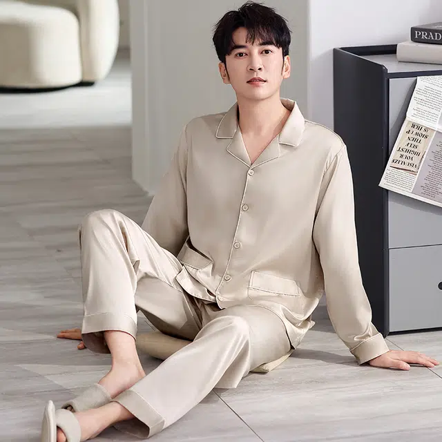 俏佳人 丝滑冰丝高级感开衫翻领纯色简约休闲亲肤舒适透气长袖长裤家居服睡衣套装 男款