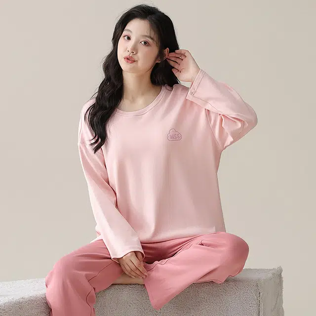 俏佳人 纯棉基础圆领套头纯色休闲宽松舒适亲肤透气长袖长裤可外穿家居服睡衣套装 女款