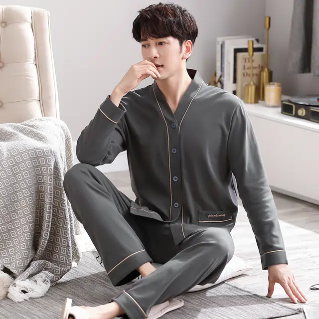 俏佳人 纯色开衫和尚领简约家居服宽松休闲亲肤舒适透气可外穿长袖长裤睡衣套装 男款