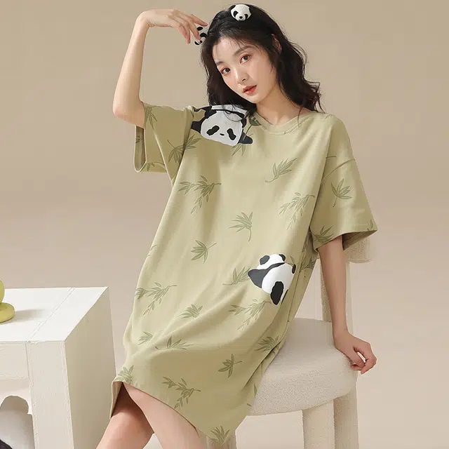 俏佳人 柔软亲肤熊猫简约公主风休闲套头慵懒短袖家居服睡裙 女款