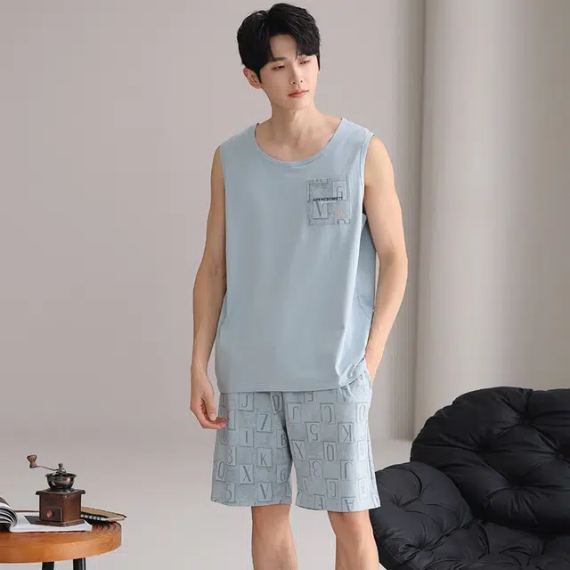 俏佳人 纯棉舒适透气简约背心家居服套头休闲慵懒风可外穿睡衣套装 男款