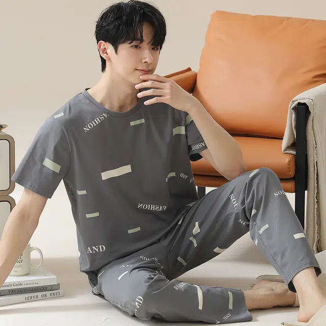 俏佳人 韩版柔软亲肤基础休闲短袖长裤慵懒家居服睡衣套装 男款