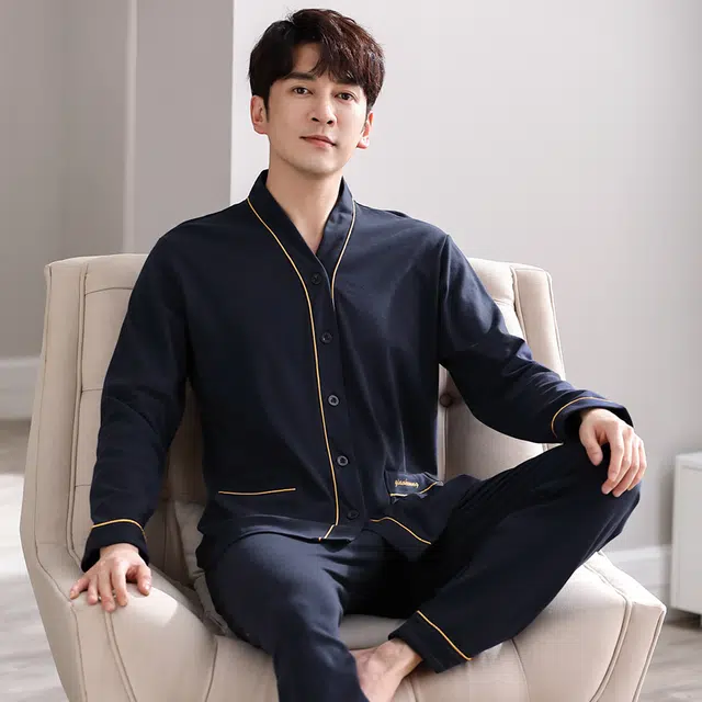 俏佳人 开衫纯色和尚领简约家居服宽松休闲亲肤舒适透气可外穿长袖长裤睡衣套装 男款