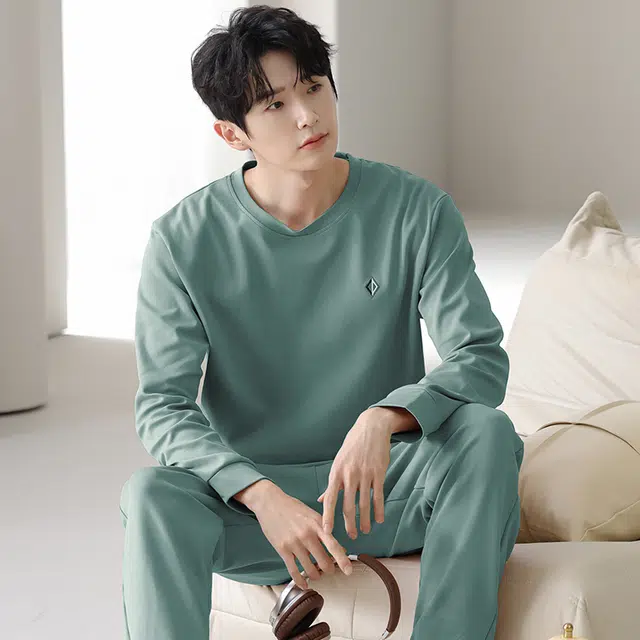 俏佳人 纯棉圆领套头基础休闲宽松柔软舒适可外穿长袖长裤家居服睡衣套装 男款