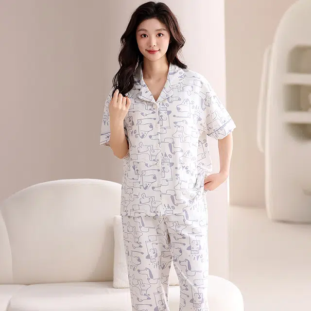 俏佳人 卡通印花三件套带胸垫舒适开衫透气亲肤短袖家居服睡衣套装 女款