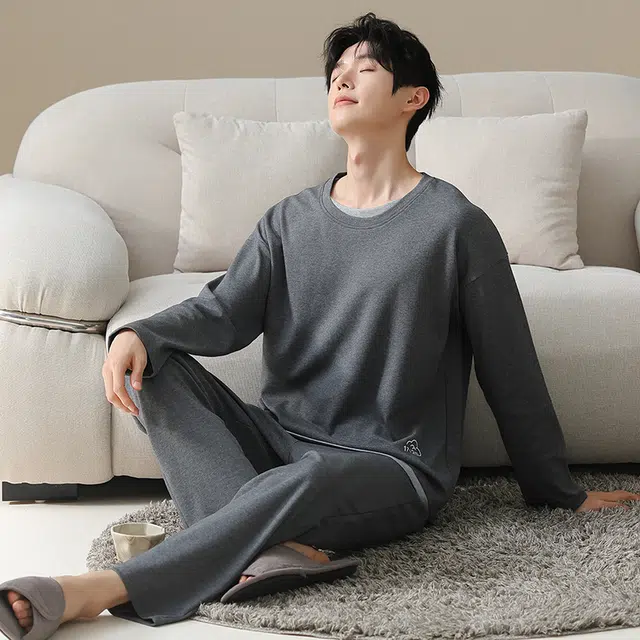 俏佳人 纯棉套头圆领休闲宽松可外穿家居服拼色亲肤柔软舒适透气长袖长裤睡衣套装 男款