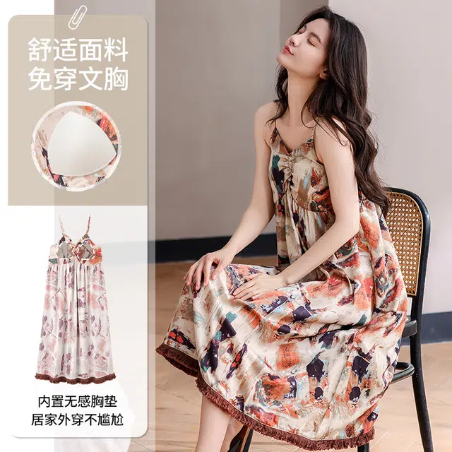 俏佳人 带胸垫高级感凉感复古印花休闲舒适透气吊带无袖家居服睡裙 女款
