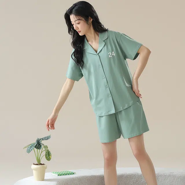 俏佳人 柔软亲肤基础休闲开衫慵懒短袖家居服睡衣套装 女款