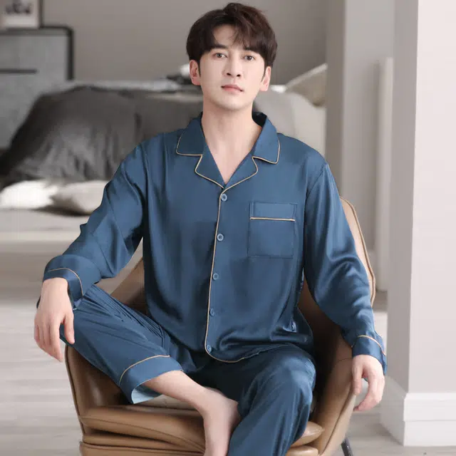 俏佳人 丝滑冰丝高级感翻领开衫纯色简约休闲亲肤舒适透气家居服长袖长裤睡衣套装 男款