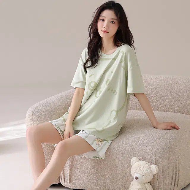俏佳人 纯棉套头舒适慵懒短袖透气休闲家居服柔软亲肤睡衣套装 女款