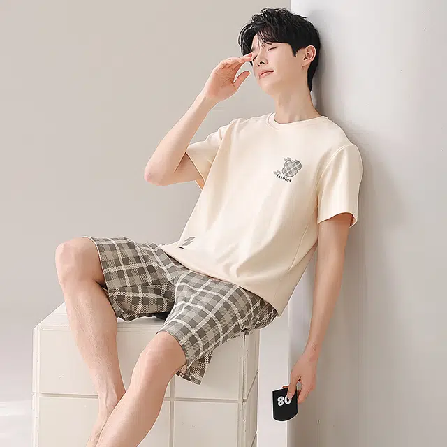 俏佳人 透气纯棉舒适休闲慵懒短袖家居服睡衣套装 男款