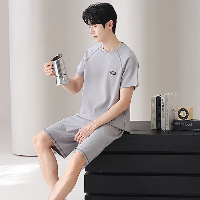 俏佳人 纯棉舒适透气基础慵懒短袖家居服纯色休闲睡衣套装 男款