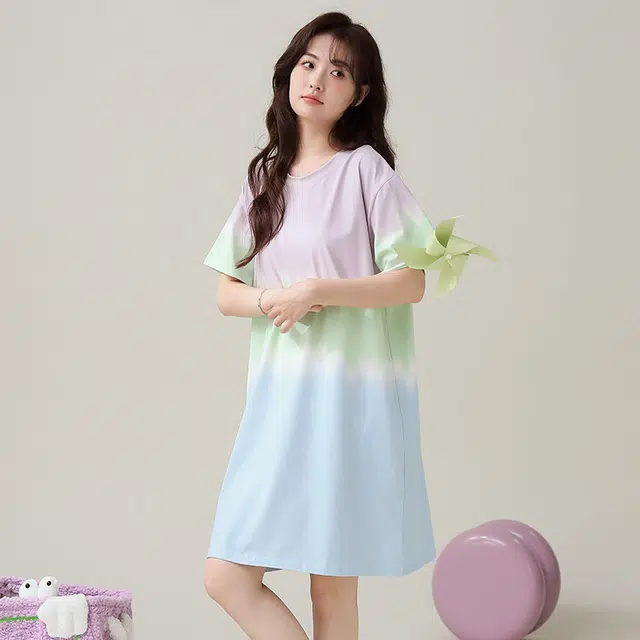俏佳人 拼色渐变舒适休闲短袖睡裙 女款