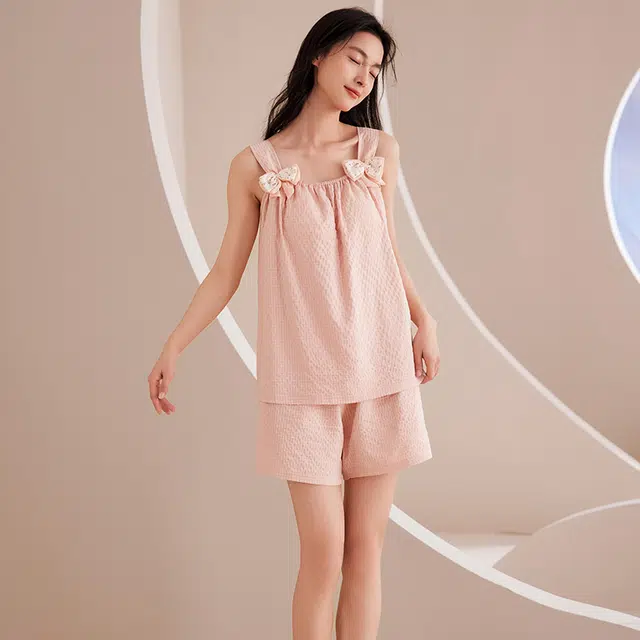 俏佳人 带胸垫纯色透气亲肤休闲无袖吊带家居服睡衣套装 女款