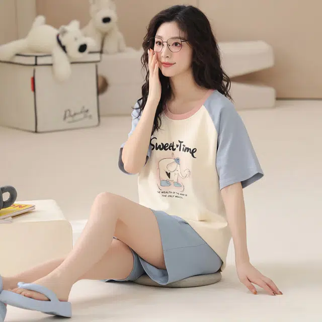 俏佳人 可外穿纯棉套头舒适透气慵懒休闲圆领短袖家居服睡衣套装 女款