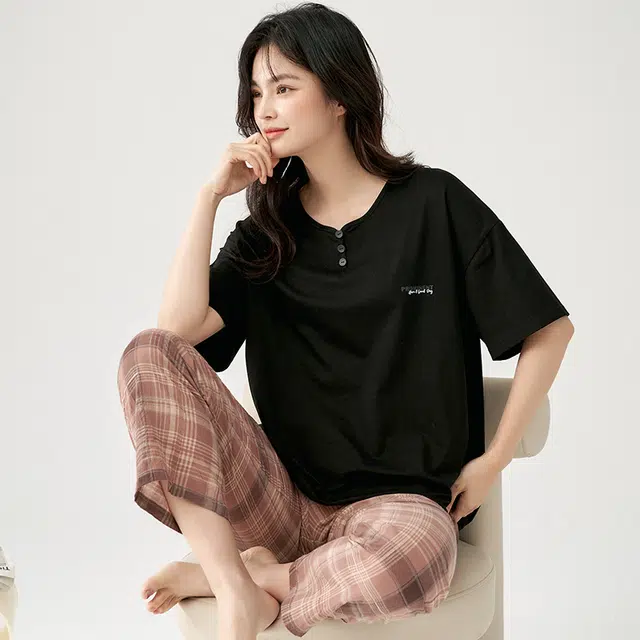 俏佳人 柔软亲肤休闲短袖长裤慵懒家居服可外穿睡衣套装 女款