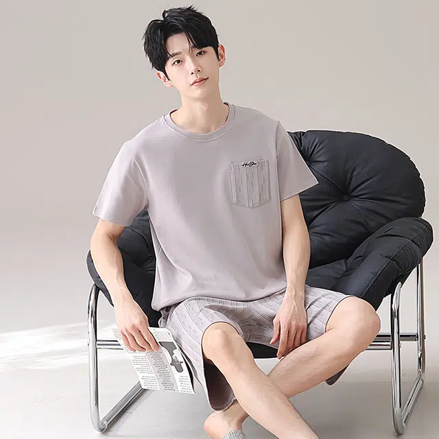 俏佳人 纯棉舒适透气休闲慵懒短袖家居服基础纯色睡衣套装 男款