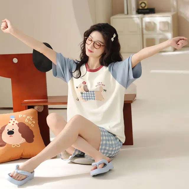 俏佳人 纯棉慵懒套头舒适透气休闲可外穿圆领短袖家居服睡衣套装 女款