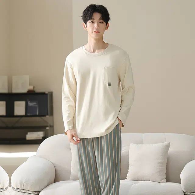 俏佳人 纯棉套头圆领休闲宽松可外穿纯色家居服条纹柔软亲肤舒适透气长袖长裤睡衣套装 男款