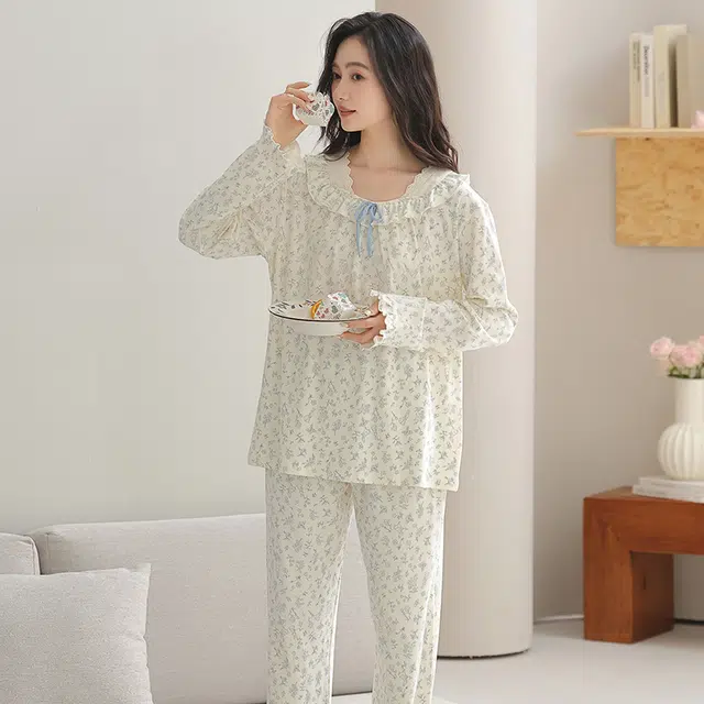 俏佳人 纯棉套头圆领公主风宽松休闲家居服碎花柔软亲肤舒适透气长袖长裤睡衣套装 女款