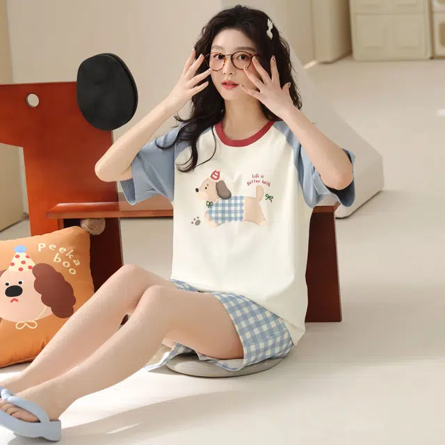 俏佳人 纯棉慵懒套头舒适透气休闲可外穿圆领短袖家居服睡衣套装 女款