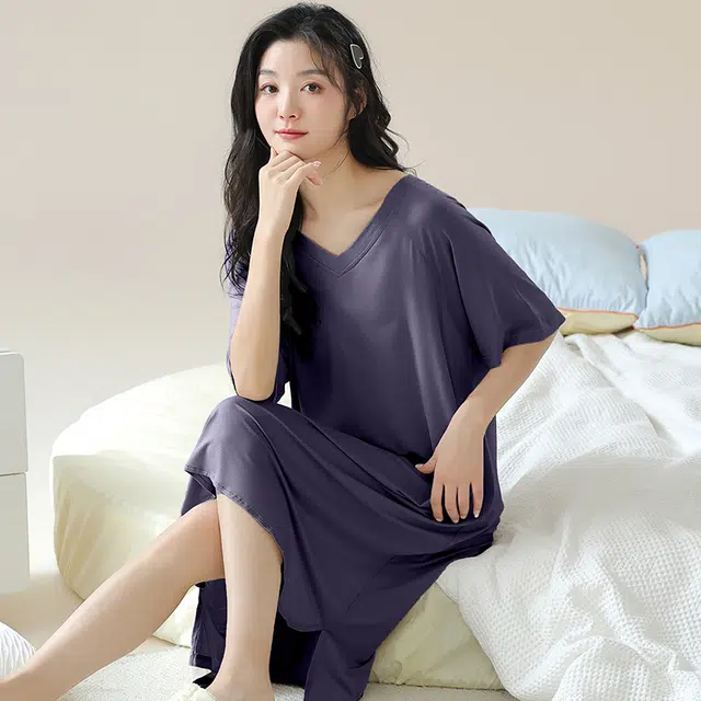 俏佳人 带胸垫垂感柔软亲肤透气纯色休闲短袖家居服睡裙 女款