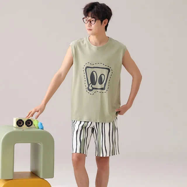 俏佳人 舒适透气套头纯棉休闲慵懒背心家居服柔软亲肤睡衣套装 男款