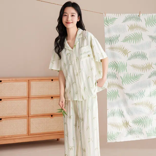 俏佳人 植物印花三件套舒适开衫透气亲肤短袖家居服睡衣套装 女款