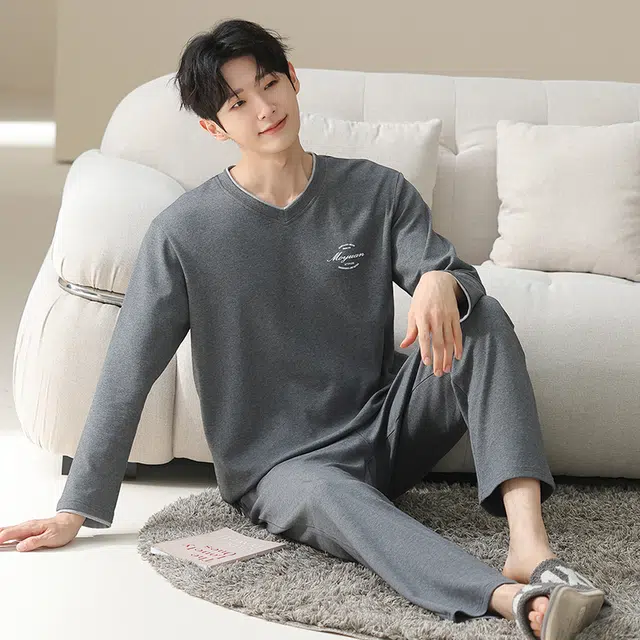 俏佳人 纯棉套头圆领休闲宽松可外穿纯色家居服字母柔软亲肤舒适透气长袖长裤睡衣套装 男款