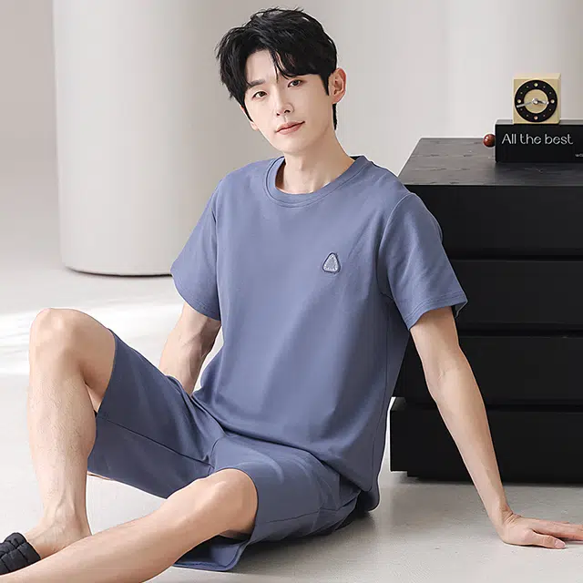 俏佳人 纯棉舒适透气慵懒短袖基础纯色休闲家居服睡衣套装 男款