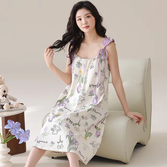 俏佳人 休闲带胸垫基础纯棉舒适透气可外穿吊带家居服无袖睡裙 女款