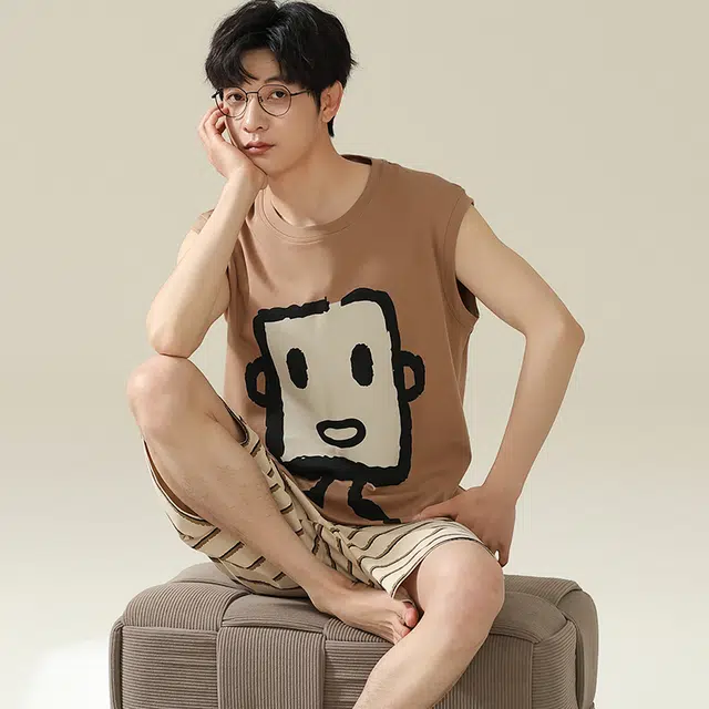 俏佳人 柔软亲肤休闲可外穿套头背心家居服睡衣套装 男款