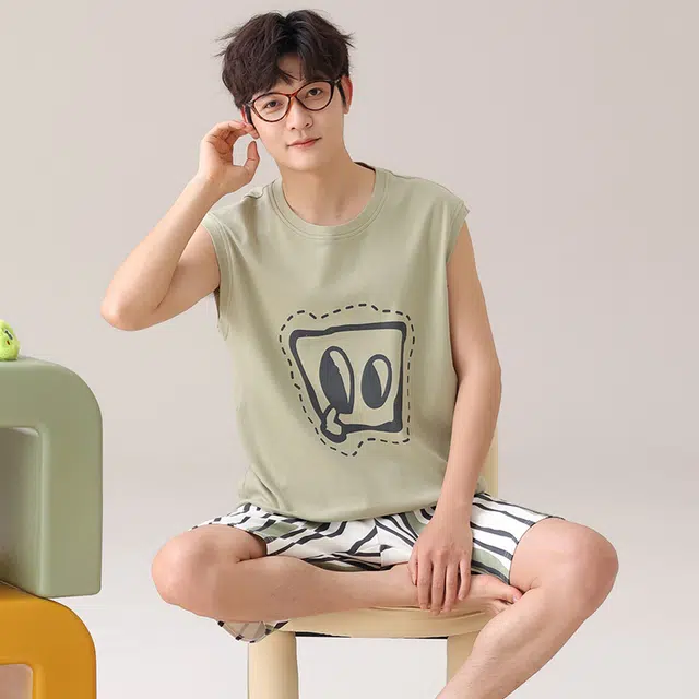 俏佳人 舒适透气套头纯棉休闲慵懒背心家居服柔软亲肤睡衣套装 男款