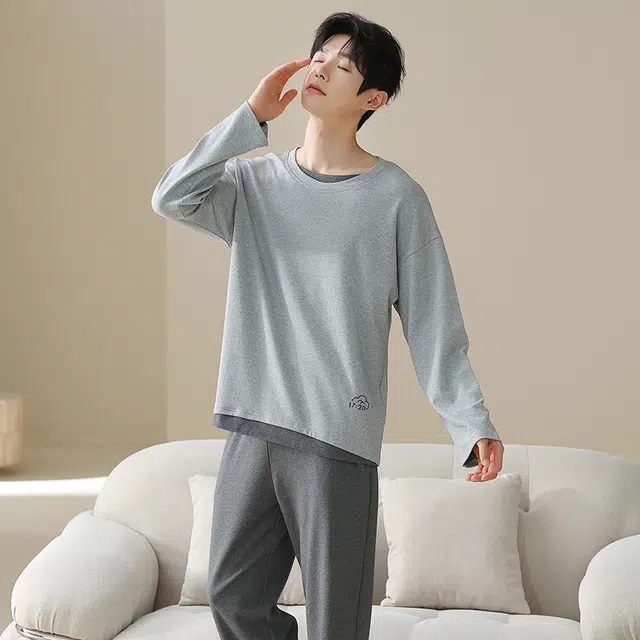 俏佳人 纯棉套头圆领休闲宽松可外穿家居服拼色柔软亲肤舒适透气长袖长裤睡衣套装 男款