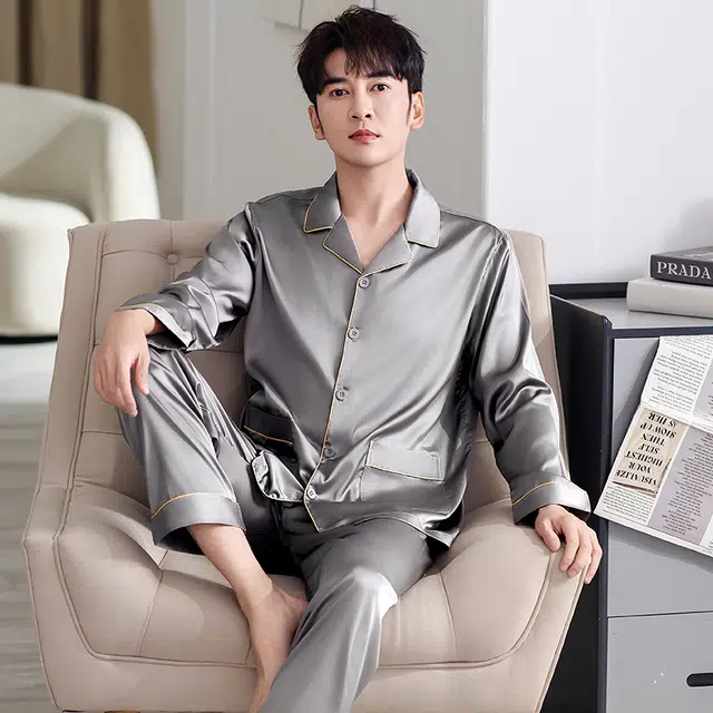 俏佳人 丝滑冰丝高级感翻领开衫纯色休闲简约亲肤舒适透气长袖长裤家居服睡衣套装 男款