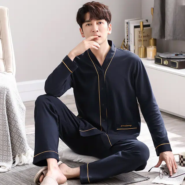 俏佳人 开衫纯色和尚领简约家居服宽松休闲亲肤舒适透气可外穿长袖长裤睡衣套装 男款