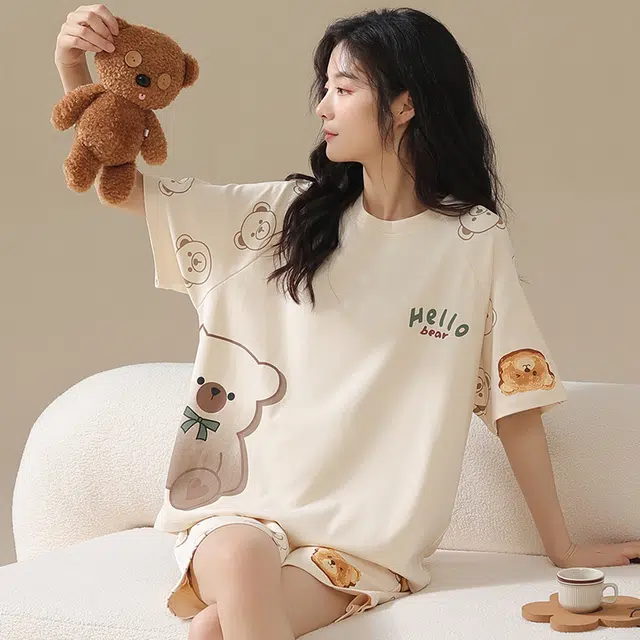 俏佳人 甜美卡通柔软亲肤休闲可外穿短袖慵懒家居服睡衣套装 女款