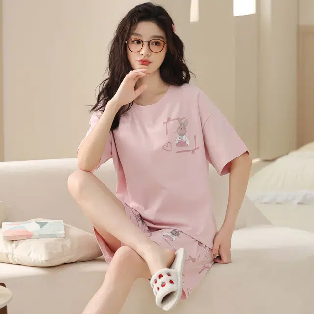 俏佳人 纯棉套头舒适透气慵懒家居服休闲可外穿圆领短袖睡衣套装 女款