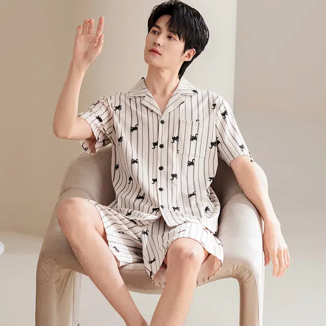 俏佳人 纯棉开衫翻领休闲舒适短袖可外穿家居服睡衣套装 男款 米白条纹